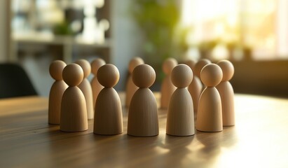Wooden figurines standing in row on table suggesting meeting or conference representing business team concept with space for text.