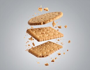 Stack of crunchy biscuits with broken pieces floating in mid-air and crumbs scattering on a gray background, captured in a clean minimal food concept.