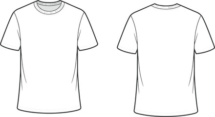 Classic crew neck t shirt front and back technical template for mens fashion production, cad drawing flat vector illustration