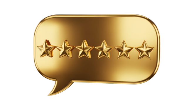 A golden speech bubble with six golden stars indicating a top rating or excellent feedback shown