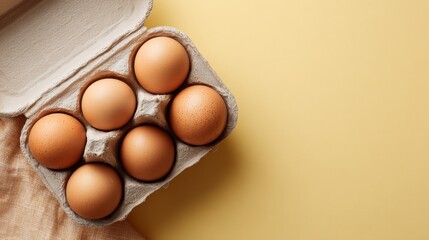 top view of raw eggs in a carton box on bright yellow background with copy space