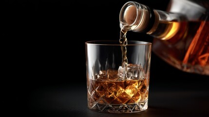 Whiskey pouring into glass on black background