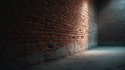 Dark unfinished room with red brick walls