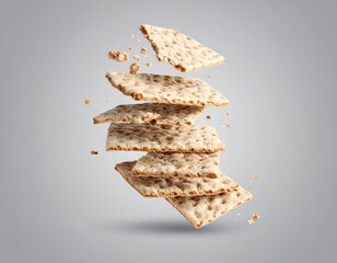 Floating crispbread slices with scattered crumbs against a gray background, creating a dynamic food concept with motion and minimalism.