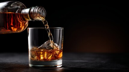whiskey pouring from bottle into glass on black background with copy space