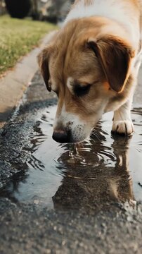 A dog enjoying a refreshing drink from a puddle, captured in a close-up shot