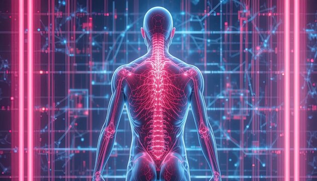 Futuristic human anatomy illustration showing nervous system in vibrant neon colors for medical research and health technology concepts