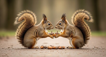 Two red squirrels sharing acorns on natural forest path