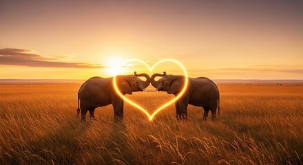 Elephants forming heart with trunks at golden sunset