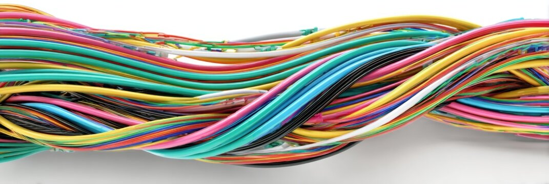 Close-up of colorful insulated electrical wires intertwined, creating a wavy pattern
