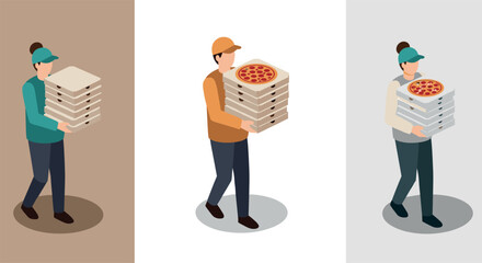 Isometric delivery workers carrying pizza boxes in three color variations