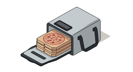 Isometric pizza delivery bag with open box displaying fresh pizzas