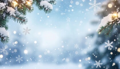 Winter wonderland scene with snowflakes and pine trees outdoor nature landscape soft focus background tranquil atmosphere for holiday cheer and seasonal celebrations