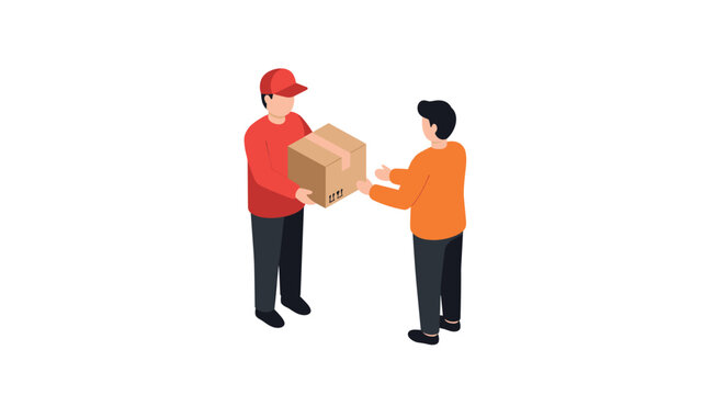 Isometric delivery concept with courier handing over package to customer