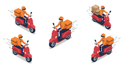 Fototapeta premium Fast delivery service with couriers on scooters in isometric design