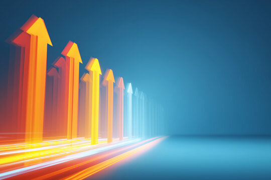 Abstract Glowing Upward Arrows with Light Trails on Blue Background Representing Business Growth and Progress - Powered by Adobe