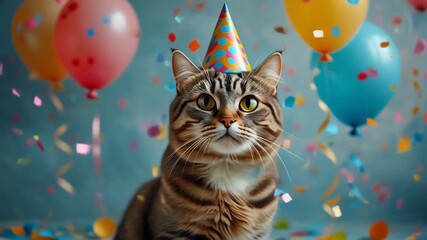 Cute cat wearing a party hat with balloons, video for birthday celebration or party