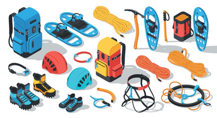 Isometric outdoor adventure equipment set featuring backpacks, boots, and snowshoes
