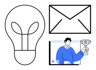 Lightbulb representing ideas, envelope symbolizing email, and a man holding a trophy on a screen. Ideal for innovation, communication, awards, creativity, motivation, online success business