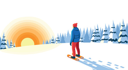 Fototapeta premium Winter adventure snowboarder at sunrise in minimalist forest landscape