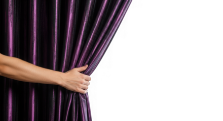 Hand pulling shimmering purple stage curtain revealing transparent background isolated on transparent background