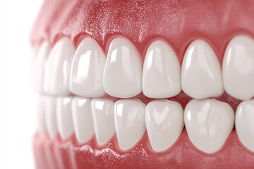 A detailed 3D rendering showing perfectly aligned white human teeth and healthy pink gums demonstrating oral hygiene and dental anatomy