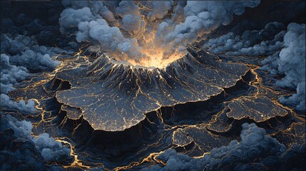 Majestic abstract volcano landscape with fiery eruption and swirling clouds