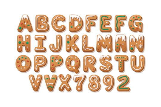 Gingerbread alphabet letters and numbers decorated with icing and sprinkles