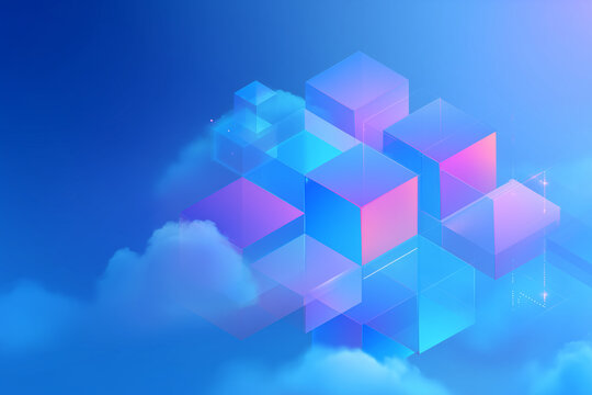 Abstract Translucent Cubes with Blue and Pink Gradient Floating in a Cloudy Blue Sky, Cloud Computing Concept - Powered by Adobe