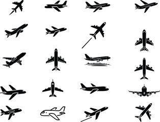 Monochrome compilation of various airplane silhouettes in different poses depicting flight travel and aviation with a simple and minimalist design