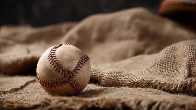 A weathered baseball rests on coarse burlap beside a dark wooden bat in soft, rustic light close by