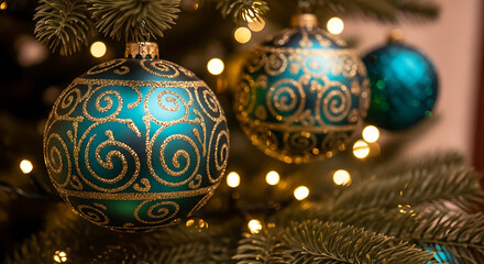 Close up of ornate teal christmas ornaments on a decorated evergreen tree