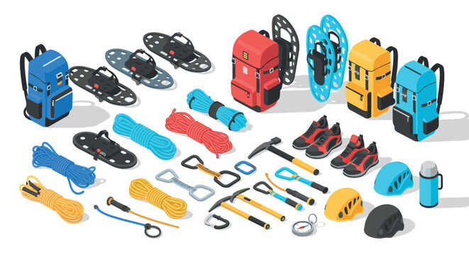 Isometric outdoor adventure gear collection for hiking and climbing enthusiasts
