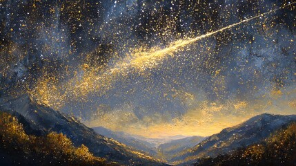 Majestic mountain range under a starry night sky with shooting star trail