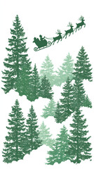 Fototapeta premium Santa Claus Sleigh Silhouette Flying Over Snowy Pine Forest Landscape, Vertical Christmas Graphic with Green Evergreen Trees and Clouds, Holiday Nature Scene