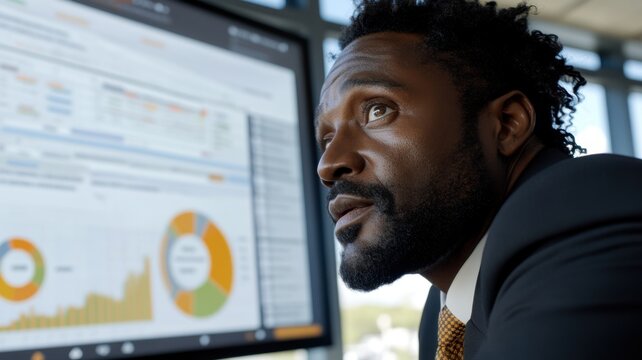 Black man in formal business suit explaining a chart during board meeting with governance data on screen