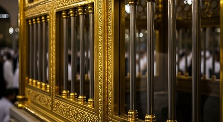 Gilded enclosure with intricate patterns and elegant vertical bars, reflecting light in a majestic and sacred architectural marvel, symbolizing rich heritage