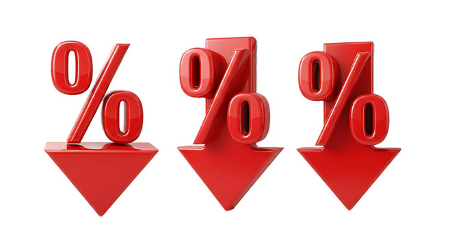 Three dimensional rendering of red percentage symbols with downward pointing arrows on black background