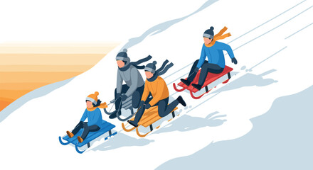 Naklejka premium Family enjoying winter sledding adventure on snowy hill in sunset light