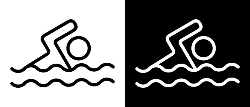 Vector swimming icons in thin outline style. Line design representing swimming signs, prohibition marks and beach or pool safety guidelines.