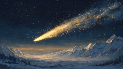 Spectacular comet blazing across night sky over snow covered mountains landscape