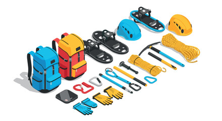 Obraz premium Isometric mountaineering gear set featuring backpacks, helmets, ropes, and climbing tools