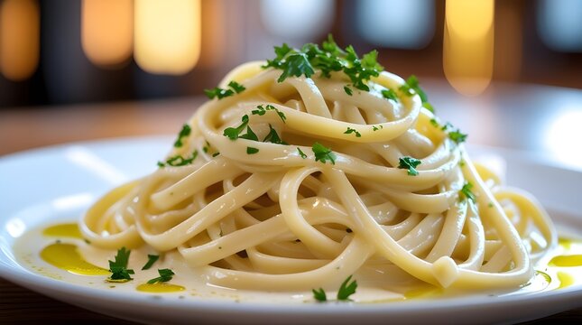 National Fettuccine Alfredo Day vector. Plate of pasta with cream sauce, parmesan cheese and parsley vector. February 7.