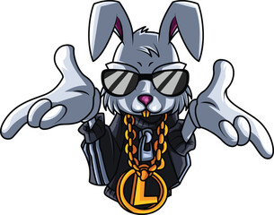 Cool cartoon rabbit character in sunglasses and gold chain.