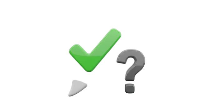 A green check mark and a gray question mark with a white box on a black background render image