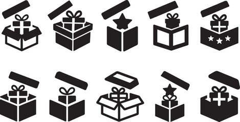 Silhouette Christmas gift inside icon set with bold shapes, perfect for festive holiday designs.
