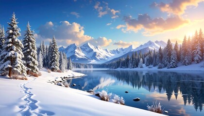 A serene winter scene depicts snow-covered trees lining a calm river reflecting majestic snow-capped mountains under a sunlit sky