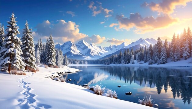 A serene winter scene depicts snow-covered trees lining a calm river reflecting majestic snow-capped mountains under a sunlit sky