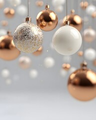 Modern elegant baubles floating over soft white gradient backdrop minimal festive design