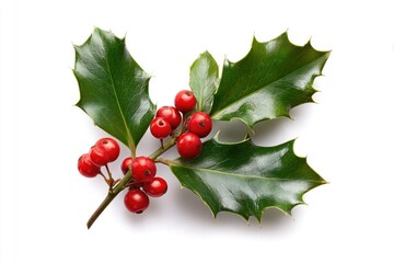 Close-up shot of a sprig of holly with vibrant red berries and glossy green leaves